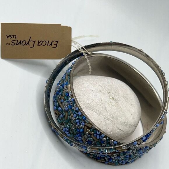 Silver Blue Beaded Bangle Set Erica Lyons - Picture 3 of 6